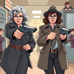 A comedic scene featuring two women detectives in an action-packed pose, each holding a Magnum revolver