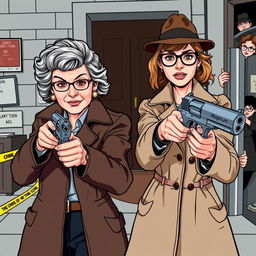 A comedic scene featuring two women detectives in an action-packed pose, each holding a Magnum revolver