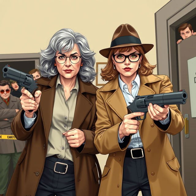 A comedic scene featuring two women detectives in an action-packed pose, each holding a Magnum revolver