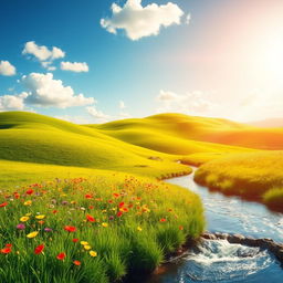 A vibrant, colorful landscape featuring rolling hills bathed in warm sunlight