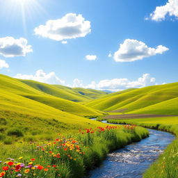 A vibrant, colorful landscape featuring rolling hills bathed in warm sunlight