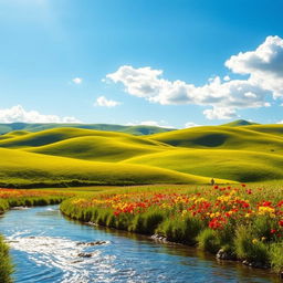 A vibrant, colorful landscape featuring rolling hills bathed in warm sunlight