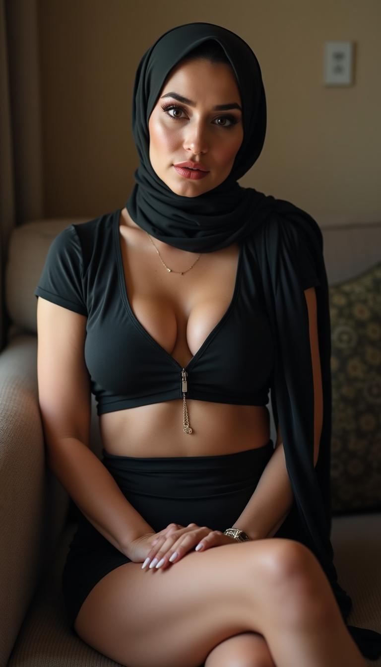 A stunning and confident 40-year-old MILF with Irish features, wearing a hijab