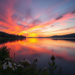 A serene landscape at sunset featuring a tranquil lake reflecting vibrant hues of orange, pink, and purple in the sky