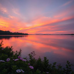 A serene landscape at sunset featuring a tranquil lake reflecting vibrant hues of orange, pink, and purple in the sky