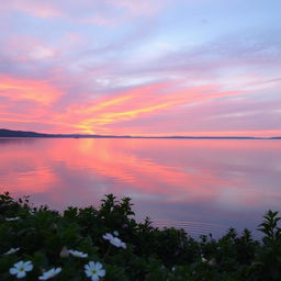 A serene landscape at sunset featuring a tranquil lake reflecting vibrant hues of orange, pink, and purple in the sky