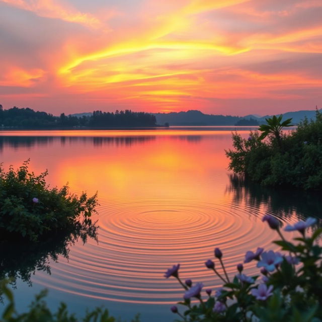 A serene landscape at sunset featuring a tranquil lake reflecting vibrant hues of orange, pink, and purple in the sky