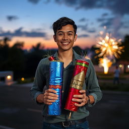 A person standing confidently with two large firecrackers in their hands