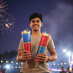 A person standing confidently with two large firecrackers in their hands