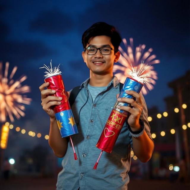 A person standing confidently with two large firecrackers in their hands