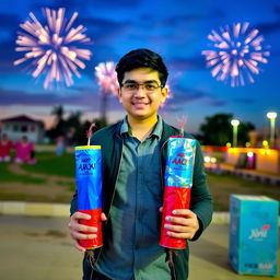A person standing confidently with two large firecrackers in their hands