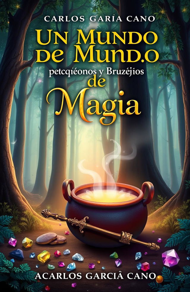 A captivating book cover design for 'Un Mundo de Magia para Pequeños Brujos y Brujas' by Carlos García Cano