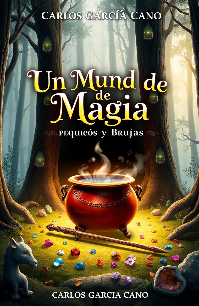 A captivating book cover design for 'Un Mundo de Magia para Pequeños Brujos y Brujas' by Carlos García Cano