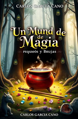 A captivating book cover design for 'Un Mundo de Magia para Pequeños Brujos y Brujas' by Carlos García Cano