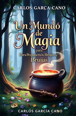 A captivating book cover design for 'Un Mundo de Magia para Pequeños Brujos y Brujas' by Carlos García Cano