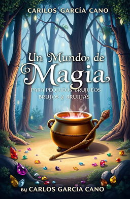 A captivating book cover design for 'Un Mundo de Magia para Pequeños Brujos y Brujas' by Carlos García Cano