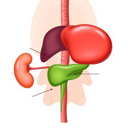 An anatomical illustration depicting the liver, gallbladder, and kidneys in a detailed, educational style