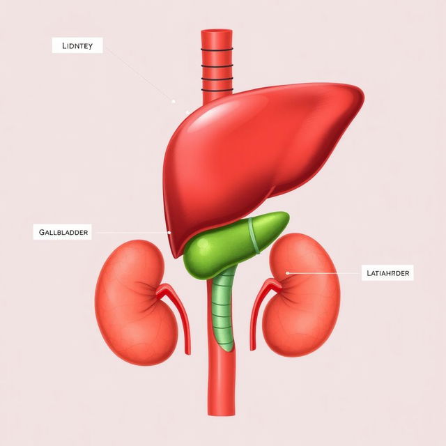 An anatomical illustration depicting the liver, gallbladder, and kidneys in a detailed, educational style