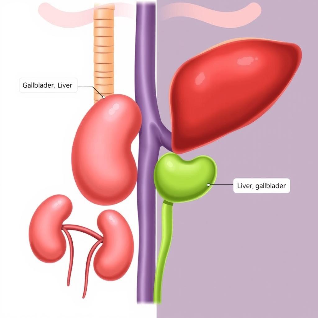 An anatomical illustration depicting the liver, gallbladder, and kidneys in a detailed, educational style