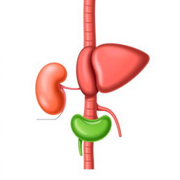 An anatomical illustration depicting the liver, gallbladder, and kidneys in a detailed, educational style