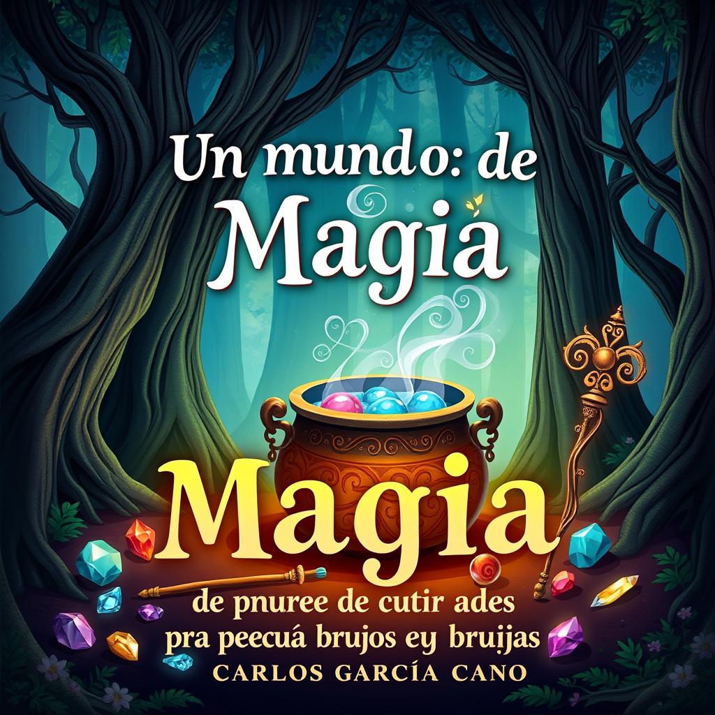 A charming book cover for 'Un Mundo de Magia para Pequeños Brujos y Brujas' by Carlos García Cano