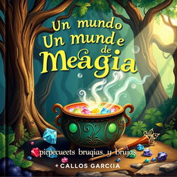 A charming book cover for 'Un Mundo de Magia para Pequeños Brujos y Brujas' by Carlos García Cano