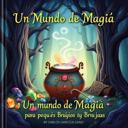 A charming book cover for 'Un Mundo de Magia para Pequeños Brujos y Brujas' by Carlos García Cano