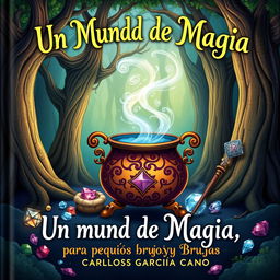 A charming book cover for 'Un Mundo de Magia para Pequeños Brujos y Brujas' by Carlos García Cano