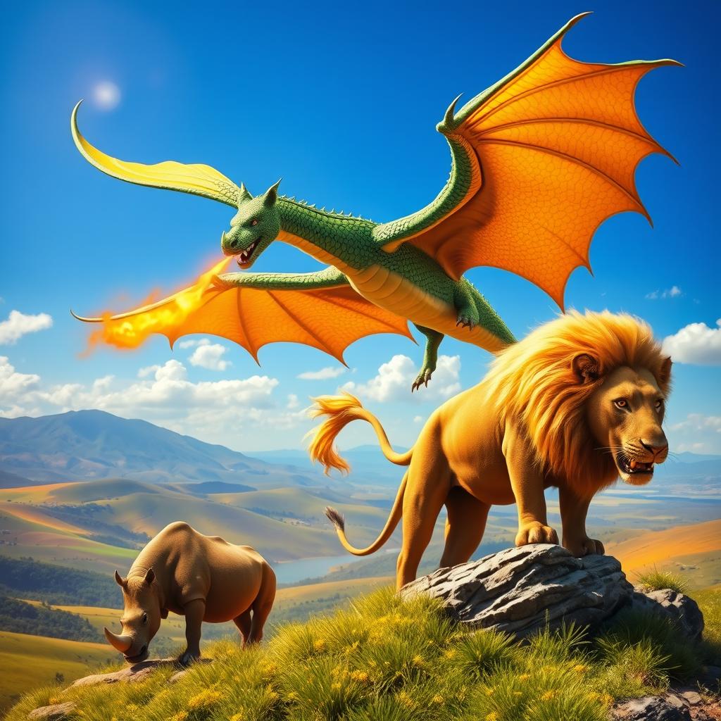 A majestic scene featuring a dragon, a lion, and a rhinoceros in a harmonious setting