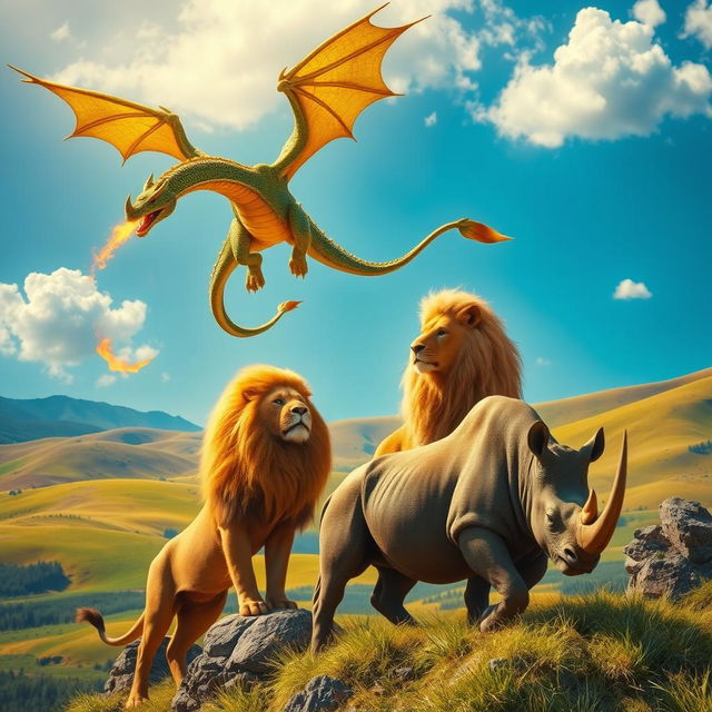 A majestic scene featuring a dragon, a lion, and a rhinoceros in a harmonious setting