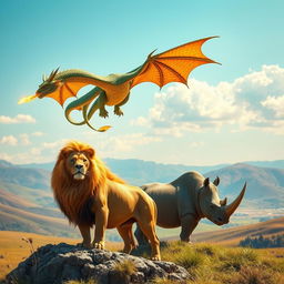 A majestic scene featuring a dragon, a lion, and a rhinoceros in a harmonious setting