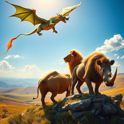 A majestic scene featuring a dragon, a lion, and a rhinoceros in a harmonious setting