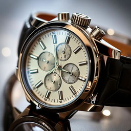 A luxurious wristwatch with intricate details, featuring a gleaming silver case and a dark leather strap