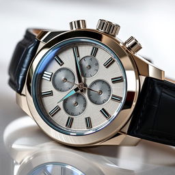 A luxurious wristwatch with intricate details, featuring a gleaming silver case and a dark leather strap
