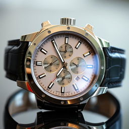 A luxurious wristwatch with intricate details, featuring a gleaming silver case and a dark leather strap