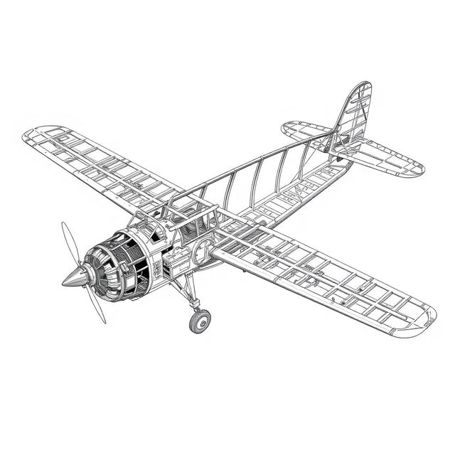 A detailed illustration of a vintage airplane frame, showcasing the intricate designs and structural elements of the aircraft