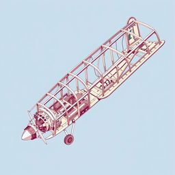 A detailed illustration of a vintage airplane frame, showcasing the intricate designs and structural elements of the aircraft