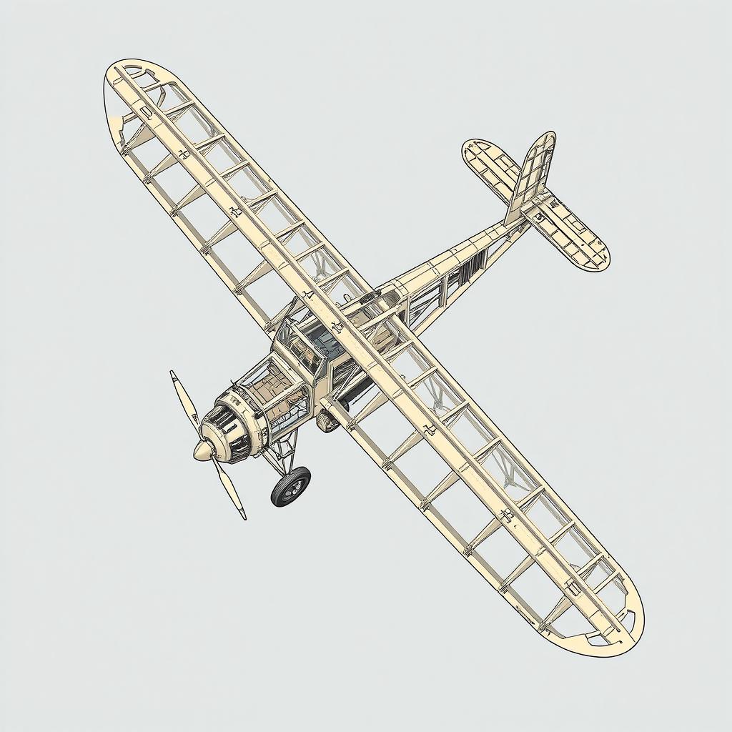 A detailed illustration of a vintage airplane frame, showcasing the intricate designs and structural elements of the aircraft