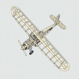 A detailed illustration of a vintage airplane frame, showcasing the intricate designs and structural elements of the aircraft