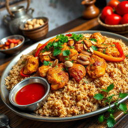 A vibrant and appetizing image of Kabsa, a traditional Middle Eastern chicken dish, beautifully presented on a large platter
