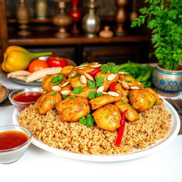 A vibrant and appetizing image of Kabsa, a traditional Middle Eastern chicken dish, beautifully presented on a large platter
