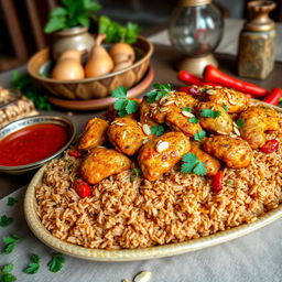 A vibrant and appetizing image of Kabsa, a traditional Middle Eastern chicken dish, beautifully presented on a large platter