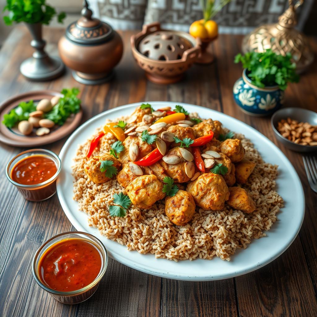 A vibrant and appetizing image of Kabsa, a traditional Middle Eastern chicken dish, beautifully presented on a large platter