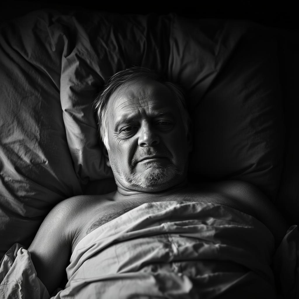 A portrayal of an ill man lying on a bed, demonstrating a sense of suffering due to a critical illness