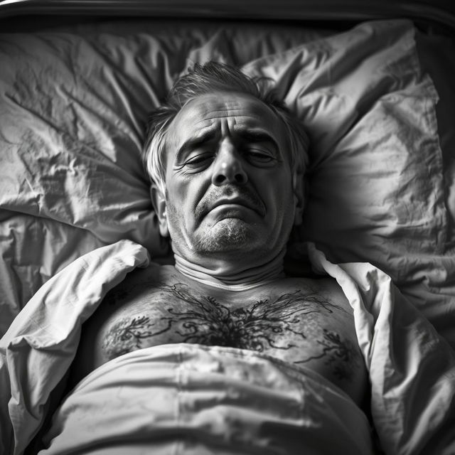 A portrayal of an ill man lying on a bed, demonstrating a sense of suffering due to a critical illness