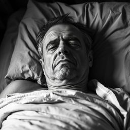 A portrayal of an ill man lying on a bed, demonstrating a sense of suffering due to a critical illness