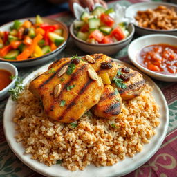 A delicious serving of grilled chicken kabsa served over fluffy brown rice, garnished with fresh herbs and spices