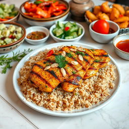 A delicious serving of grilled chicken kabsa served over fluffy brown rice, garnished with fresh herbs and spices
