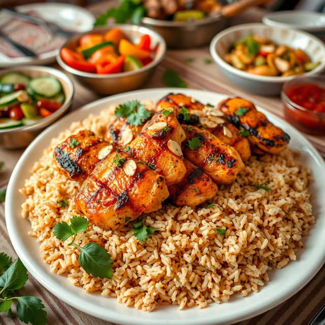 A delicious serving of grilled chicken kabsa served over fluffy brown rice, garnished with fresh herbs and spices