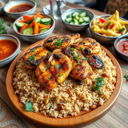 A delicious serving of grilled chicken kabsa served over fluffy brown rice, garnished with fresh herbs and spices